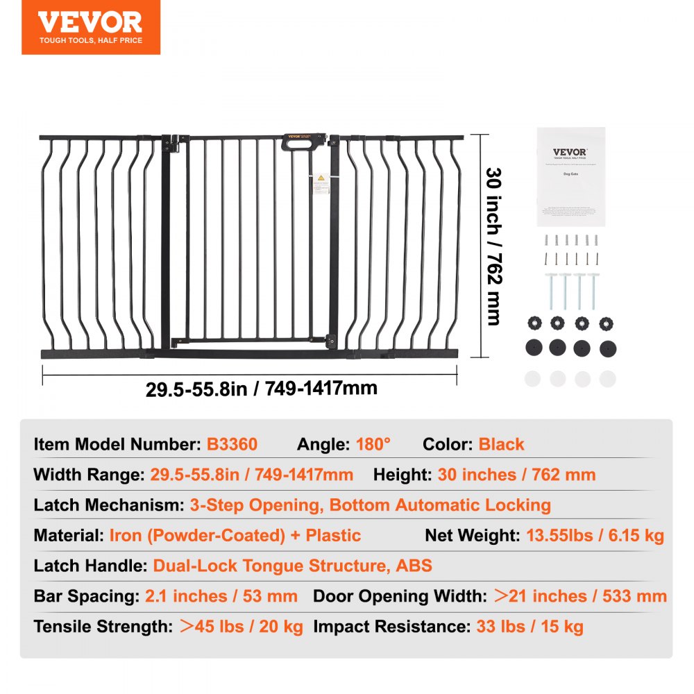VEVOR Baby Gate, 29.5"-55.8" Extra Wide, 30" High, Dog Gate for Stairs Doorways and House, Easy Step Walk Thru Auto Close Child Gate Pet Security Gate with Pressure Mount Kit and Wall Mount Kit, Black