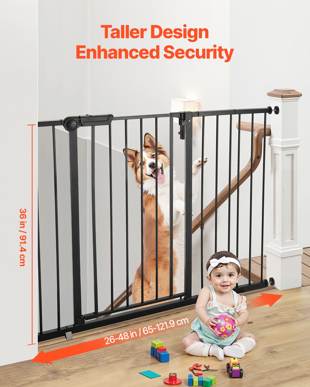 VEVOR Baby Gate Hondenhekje Scheiding met Verstelbare Breedte (65-121,9 cm), Traphekje voor Kind- en Huisdierveiligheid, Met één Hand Te Openen, Voor Trappen en Deuren, Zwart