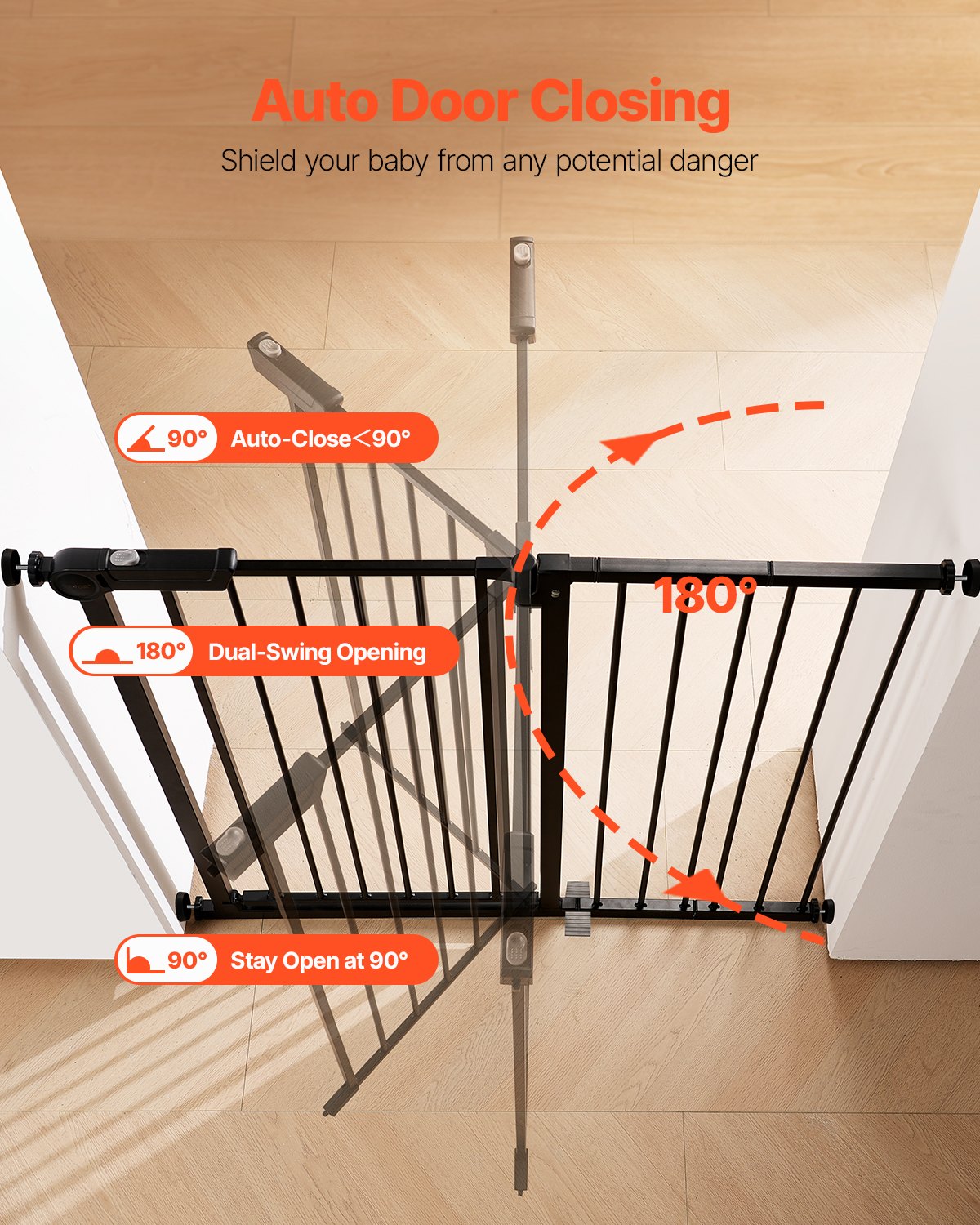 VEVOR Baby Gate, 26-40 Inches Adjustable Width, 36 Inches High Dog Gate, Easy Step Walk Thru, for Child Pet Security, Pressure Mount Kit, Wall Cups, One-Hand Open, for Stairs and Doorways, Black