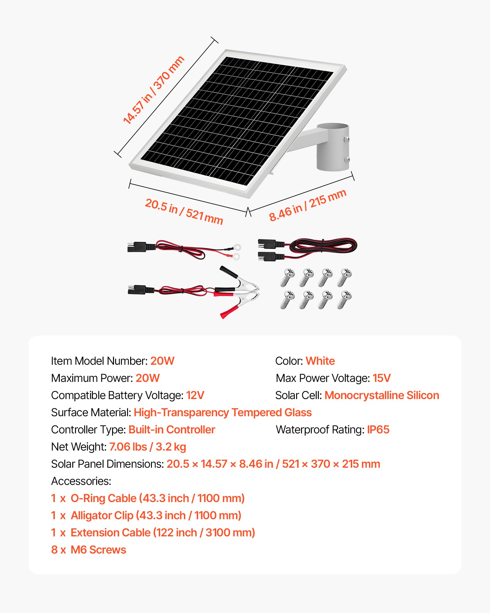VEVOR 12V monokristallijn zonnepaneelset 20W, acculader met ingebouwde controller en paalbevestiging, IP65 waterdicht voor poort, hek, boerderij, gazon (past op palen van 40-80 mm)