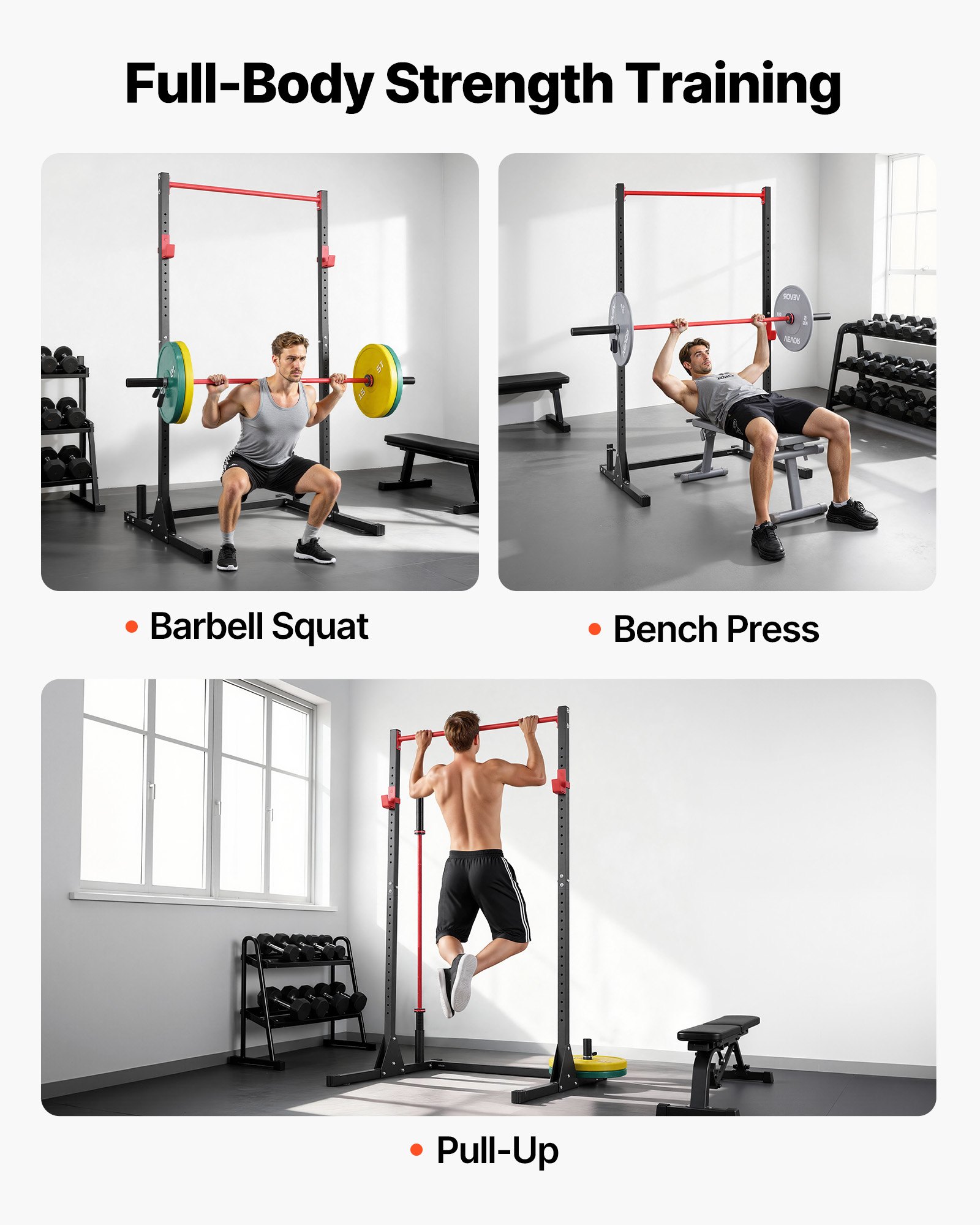VEVOR Power Rack, 362,87 kg draagvermogen, multifunctioneel squat rack voor thuisgym, krachttrainingsapparaat met 28-voudig verstelbare J-haken voor barbell squats, pull-ups en gewichtheffen.