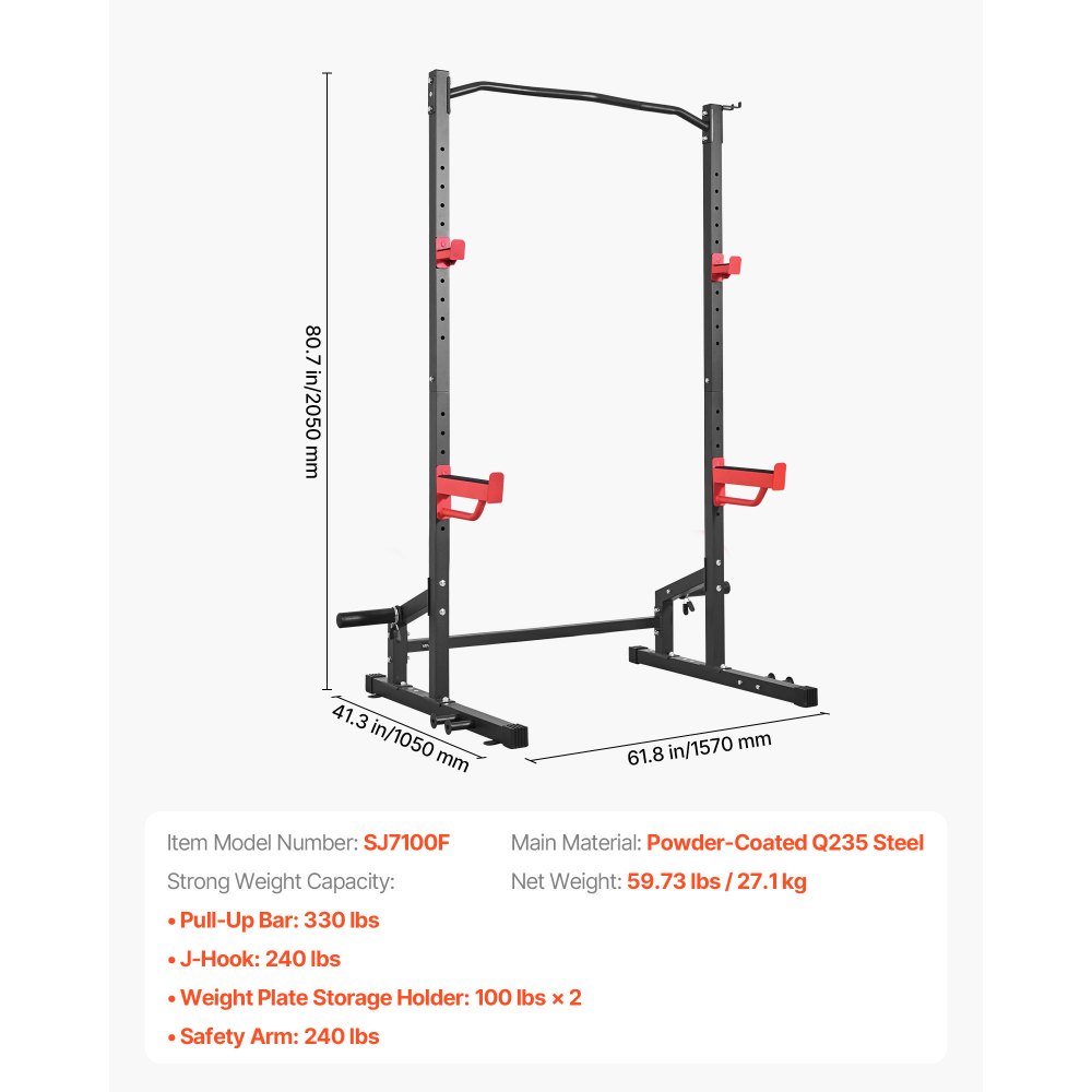 VEVOR Power Cage Squat Rack, 454 kg draagvermogen, multifunctioneel krachtrek voor thuisgym met 4 bandhouders, verstelbare J-haak en veiligheidsstangen voor pull-ups met halterstang.