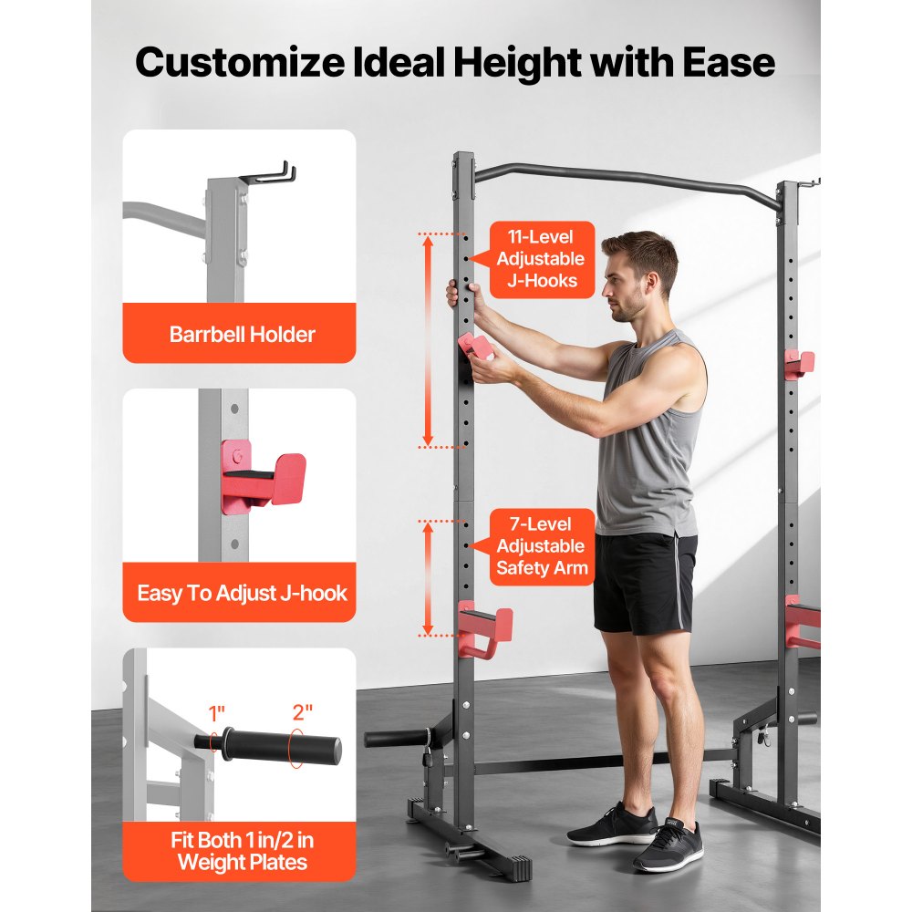 VEVOR Power Cage Squat Rack, 454 kg draagvermogen, multifunctioneel krachtrek voor thuisgym met 4 bandhouders, verstelbare J-haak en veiligheidsstangen voor pull-ups met halterstang.