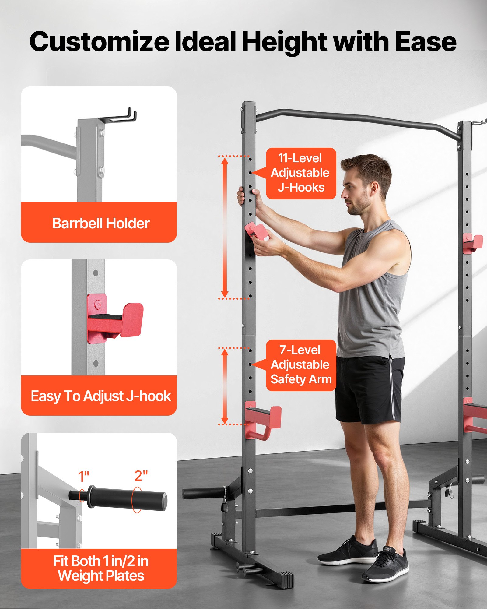 VEVOR Power Cage Squat Rack, 454 kg draagvermogen, multifunctioneel krachtrek voor thuisgym met 4 bandhouders, verstelbare J-haak en veiligheidsstangen voor pull-ups met halterstang.