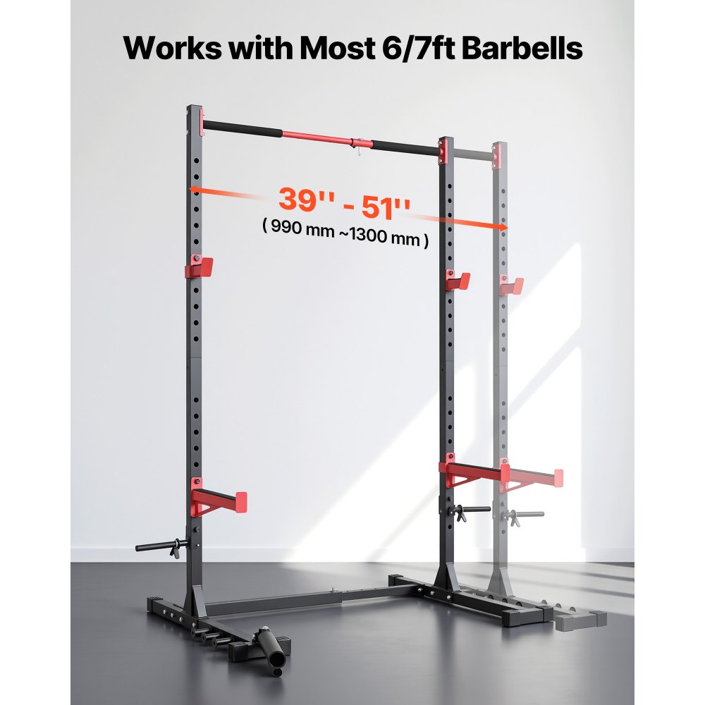 VEVOR Power Rack met een draagvermogen van 445 kg, multifunctioneel squat rack voor thuisgym, krachttrainingsapparaat met 6 bandpinnen, landmine-bevestiging en veiligheidsstangen voor bankdrukken en squats.
