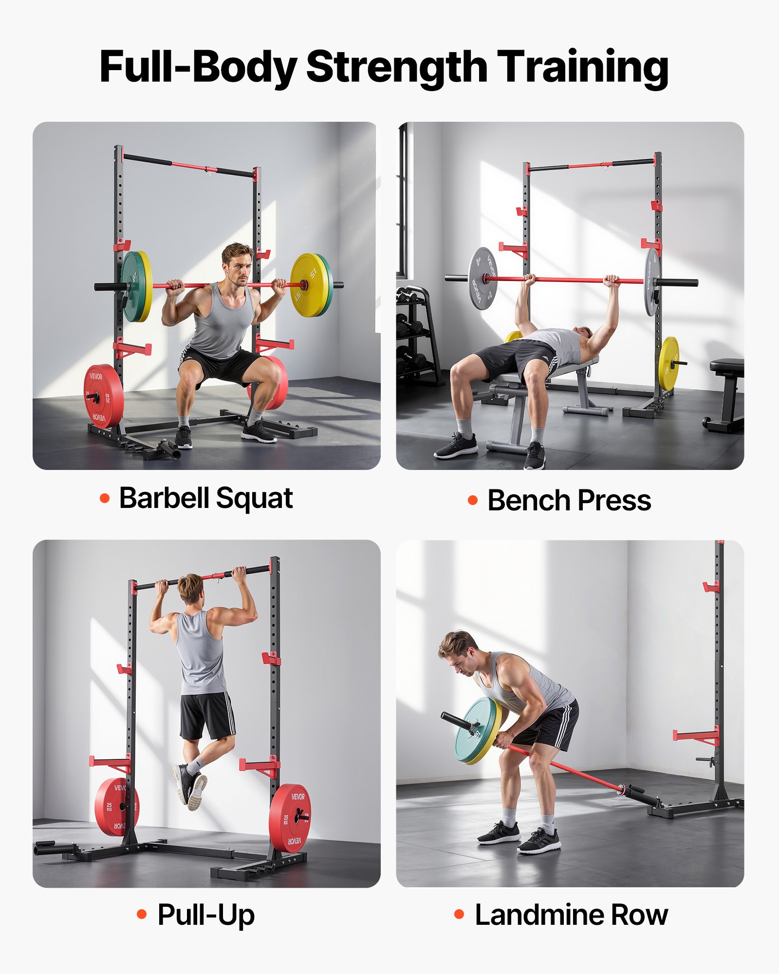 VEVOR Power Rack met een draagvermogen van 445 kg, multifunctioneel squat rack voor thuisgym, krachttrainingsapparaat met 6 bandpinnen, landmine-bevestiging en veiligheidsstangen voor bankdrukken en squats.