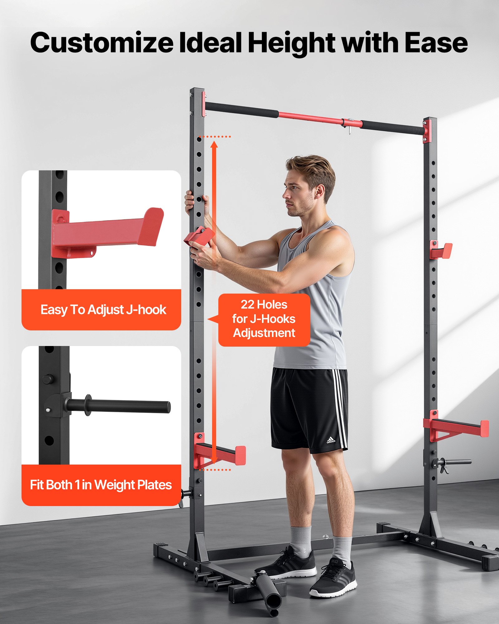VEVOR Power Rack met een draagvermogen van 445 kg, multifunctioneel squat rack voor thuisgym, krachttrainingsapparaat met 6 bandpinnen, landmine-bevestiging en veiligheidsstangen voor bankdrukken en squats.