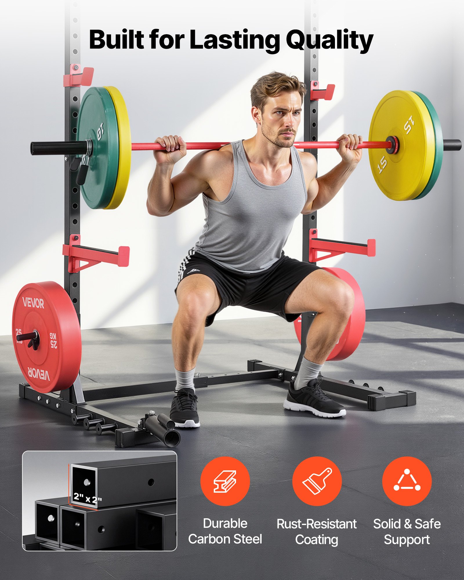 VEVOR Power Rack met een draagvermogen van 445 kg, multifunctioneel squat rack voor thuisgym, krachttrainingsapparaat met 6 bandpinnen, landmine-bevestiging en veiligheidsstangen voor bankdrukken en squats.