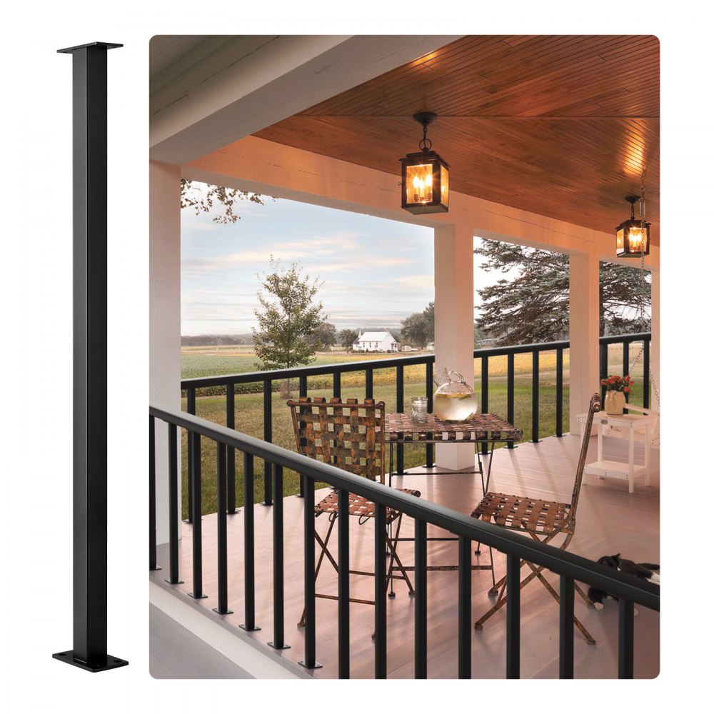 black VEVOR cable rail post on a cozy porch with black railing and outdoor furniture.