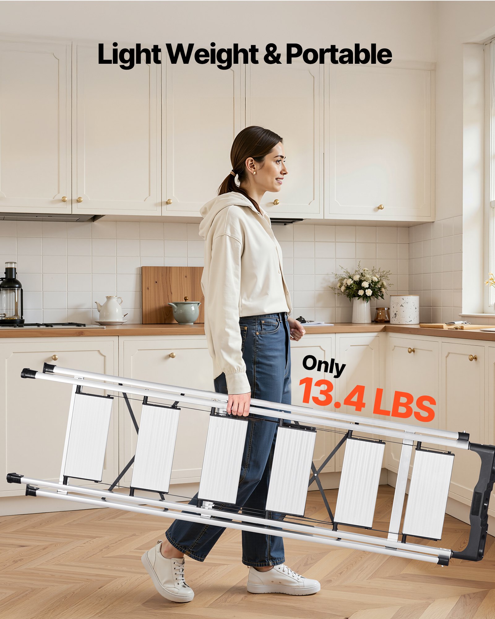 VEVOR 6-treden vouwladder met antislip treden en comfortabele handgreep, huishoudladder met een draagvermogen van 150 kg, aluminium veiligheidsladder voor keuken, magazijn, huis en kantoor, zilverkleurig