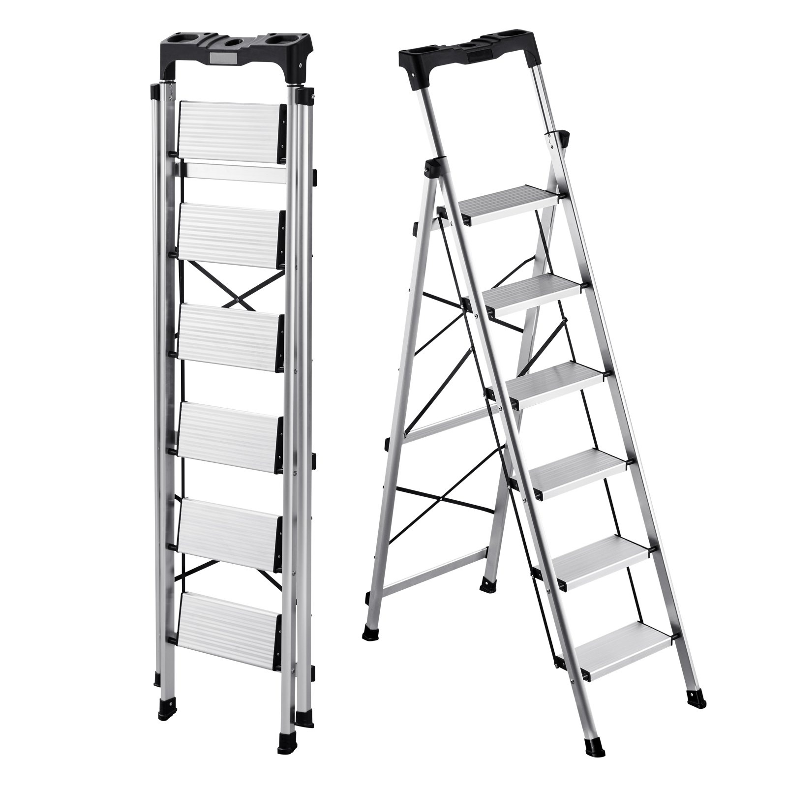 VEVOR 6-treden vouwladder met antislip treden en comfortabele handgreep, huishoudladder met een draagvermogen van 150 kg, aluminium veiligheidsladder voor keuken, magazijn, huis en kantoor, zilverkleurig