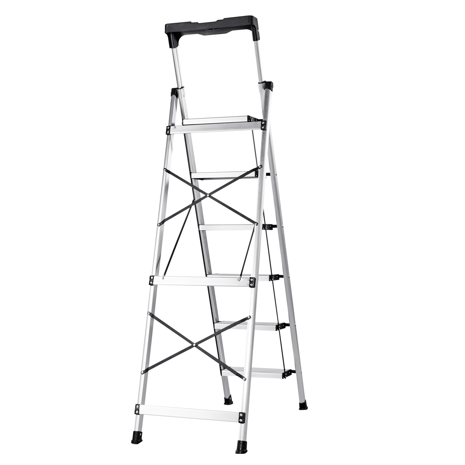 VEVOR 6-treden vouwladder met antislip treden en comfortabele handgreep, huishoudladder met een draagvermogen van 150 kg, aluminium veiligheidsladder voor keuken, magazijn, huis en kantoor, zilverkleurig