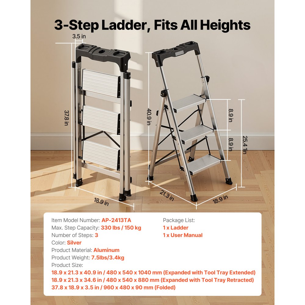 VEVOR 3-treden opvouwbare ladder met antislip treden en comfortabele handgreep, huishoudladder met een draagvermogen van 150 kg, aluminium trapladder, veiligheidsladder voor keuken, magazijn, huis en kantoor