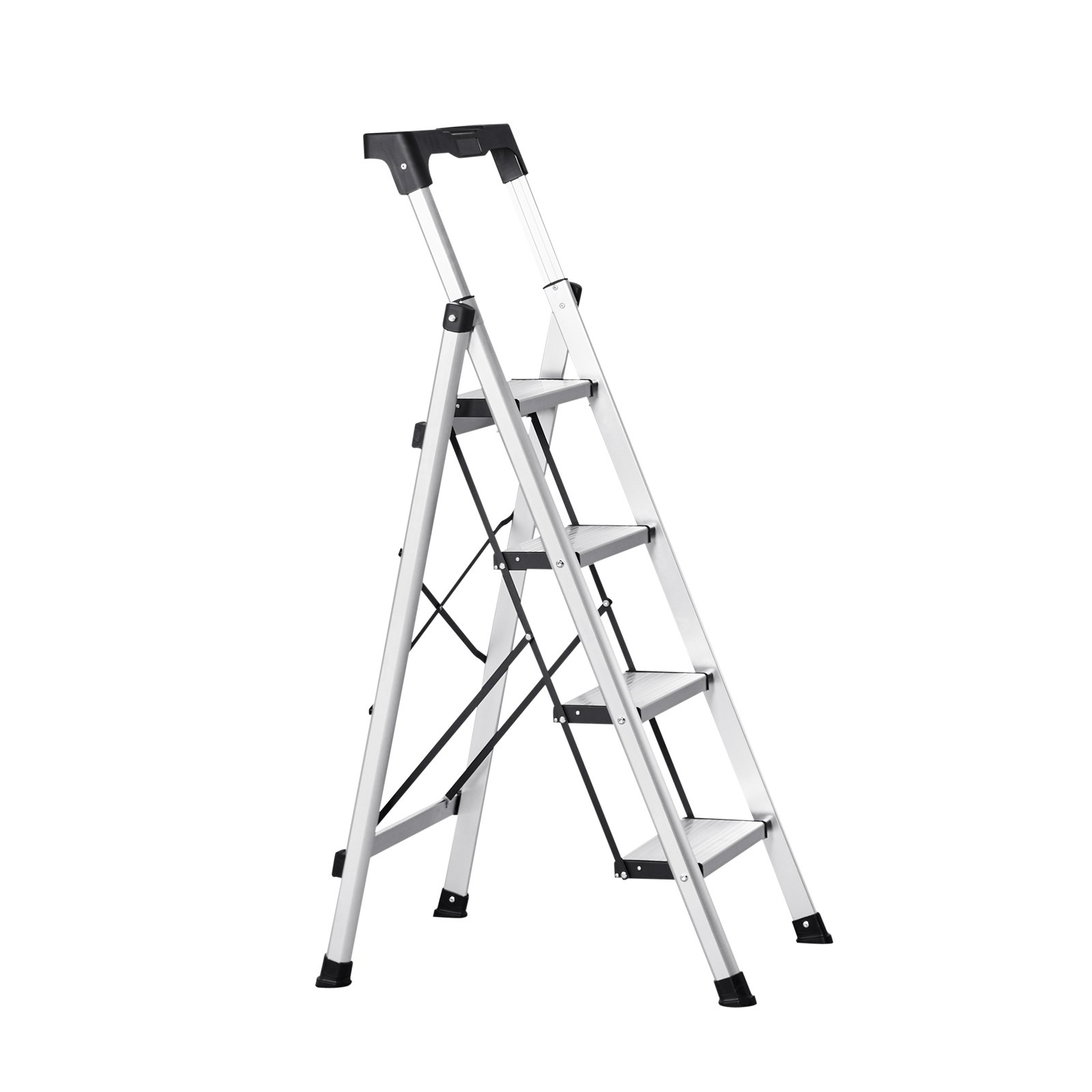 VEVOR 4-treden opvouwbare ladder met antislip treden en comfortabele handgreep, huishoudladder met een draagvermogen van 150 kg, aluminium veiligheidsladder voor keuken, huis, magazijn en kantoor, zilverkleurig
