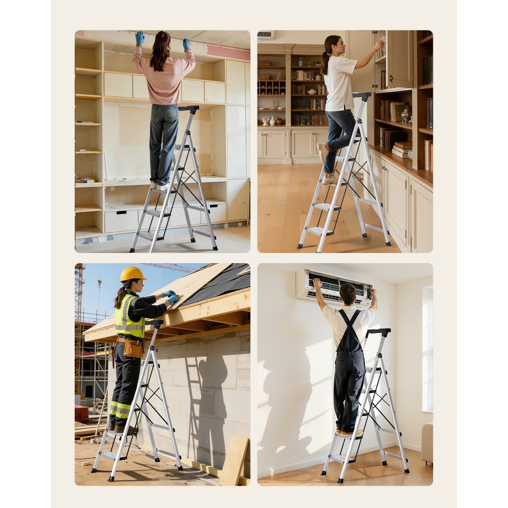 VEVOR 5-treden opvouwbare ladder met antislip treden en comfortabele handgreep, huishoudladder met een draagvermogen van 150 kg, aluminium veiligheidsladder voor keuken, magazijn, huis en kantoor, zilverkleurig