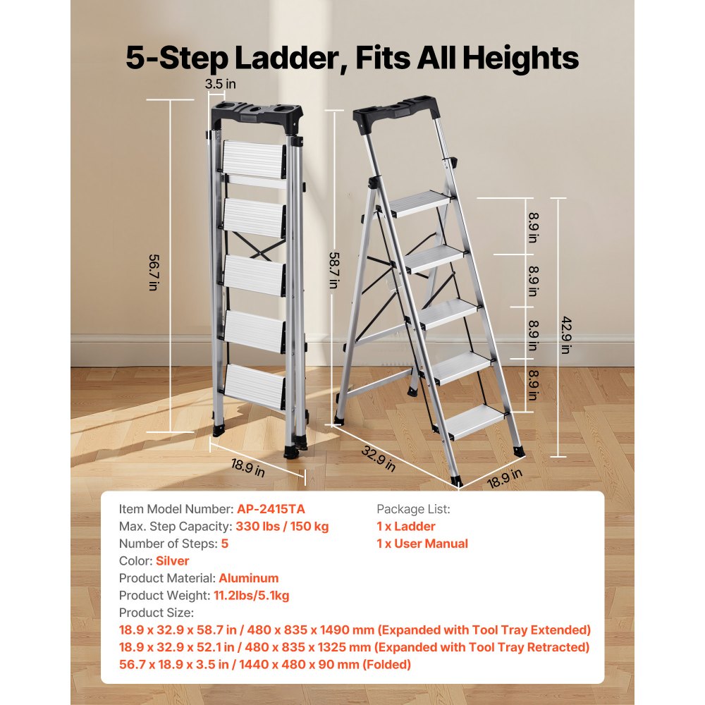VEVOR 5-treden opvouwbare ladder met antislip treden en comfortabele handgreep, huishoudladder met een draagvermogen van 150 kg, aluminium veiligheidsladder voor keuken, magazijn, huis en kantoor, zilverkleurig
