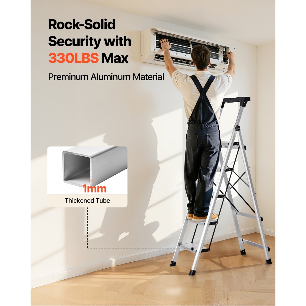 VEVOR 5-treden opvouwbare ladder met antislip treden en comfortabele handgreep, huishoudladder met een draagvermogen van 150 kg, aluminium veiligheidsladder voor keuken, magazijn, huis en kantoor, zilverkleurig