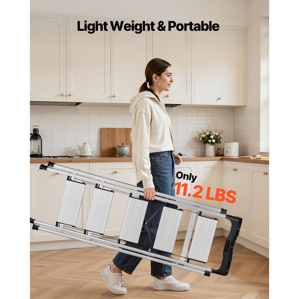 VEVOR 5-treden opvouwbare ladder met antislip treden en comfortabele handgreep, huishoudladder met een draagvermogen van 150 kg, aluminium veiligheidsladder voor keuken, magazijn, huis en kantoor, zilverkleurig