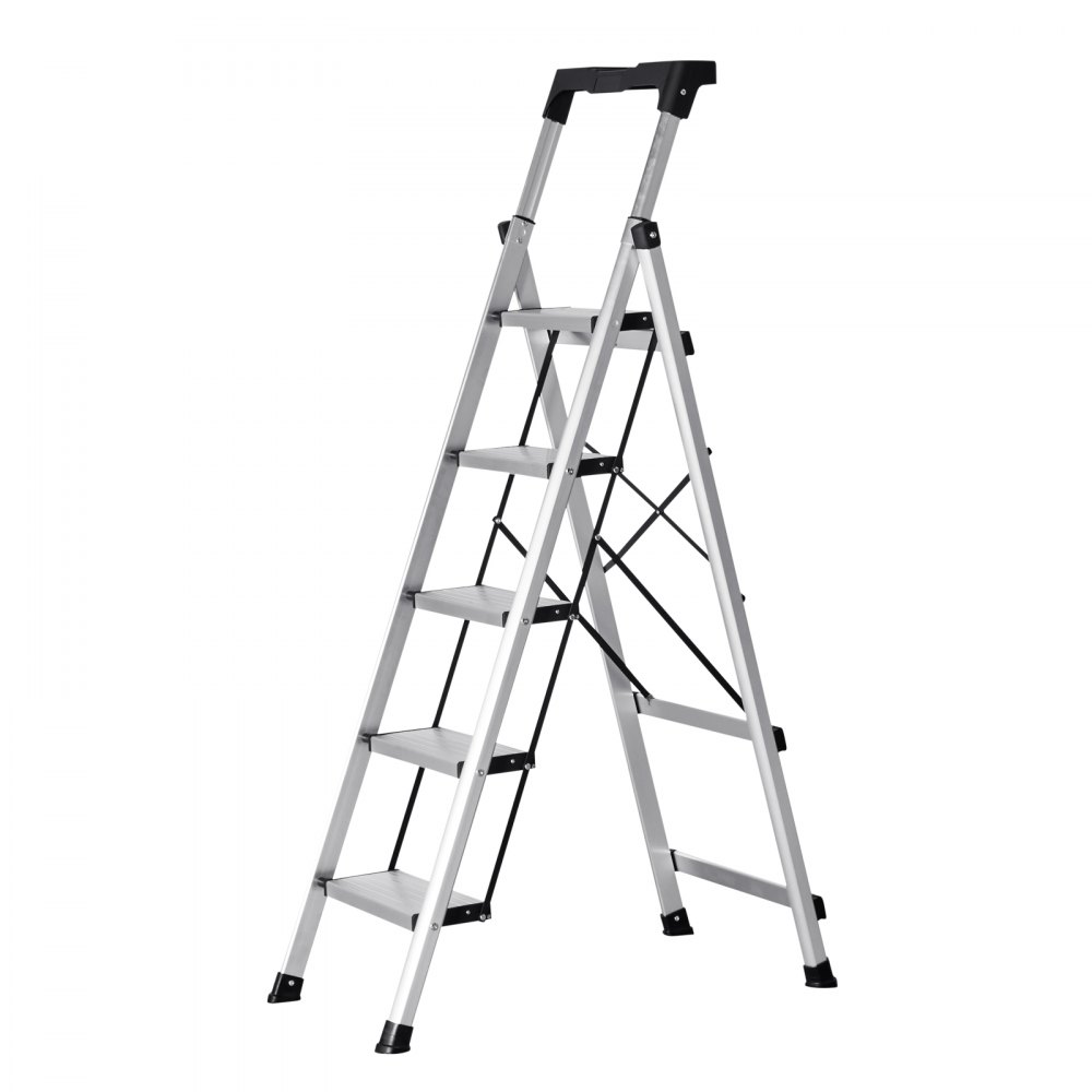 VEVOR 5-treden opvouwbare ladder met antislip treden en comfortabele handgreep, huishoudladder met een draagvermogen van 150 kg, aluminium veiligheidsladder voor keuken, magazijn, huis en kantoor, zilverkleurig