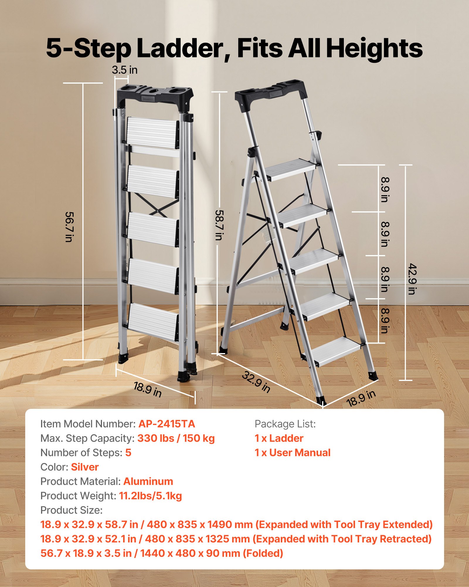 VEVOR 5-treden opvouwbare ladder met antislip treden en comfortabele handgreep, huishoudladder met een draagvermogen van 150 kg, aluminium veiligheidsladder voor keuken, magazijn, huis en kantoor, zilverkleurig