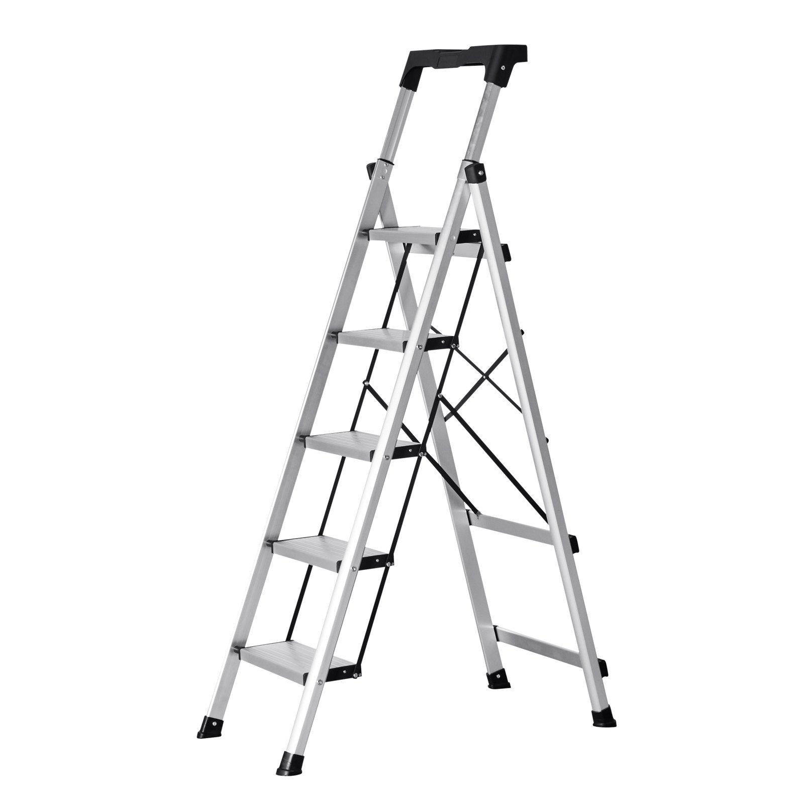 VEVOR 5-treden opvouwbare ladder met antislip treden en comfortabele handgreep, huishoudladder met een draagvermogen van 150 kg, aluminium veiligheidsladder voor keuken, magazijn, huis en kantoor, zilverkleurig
