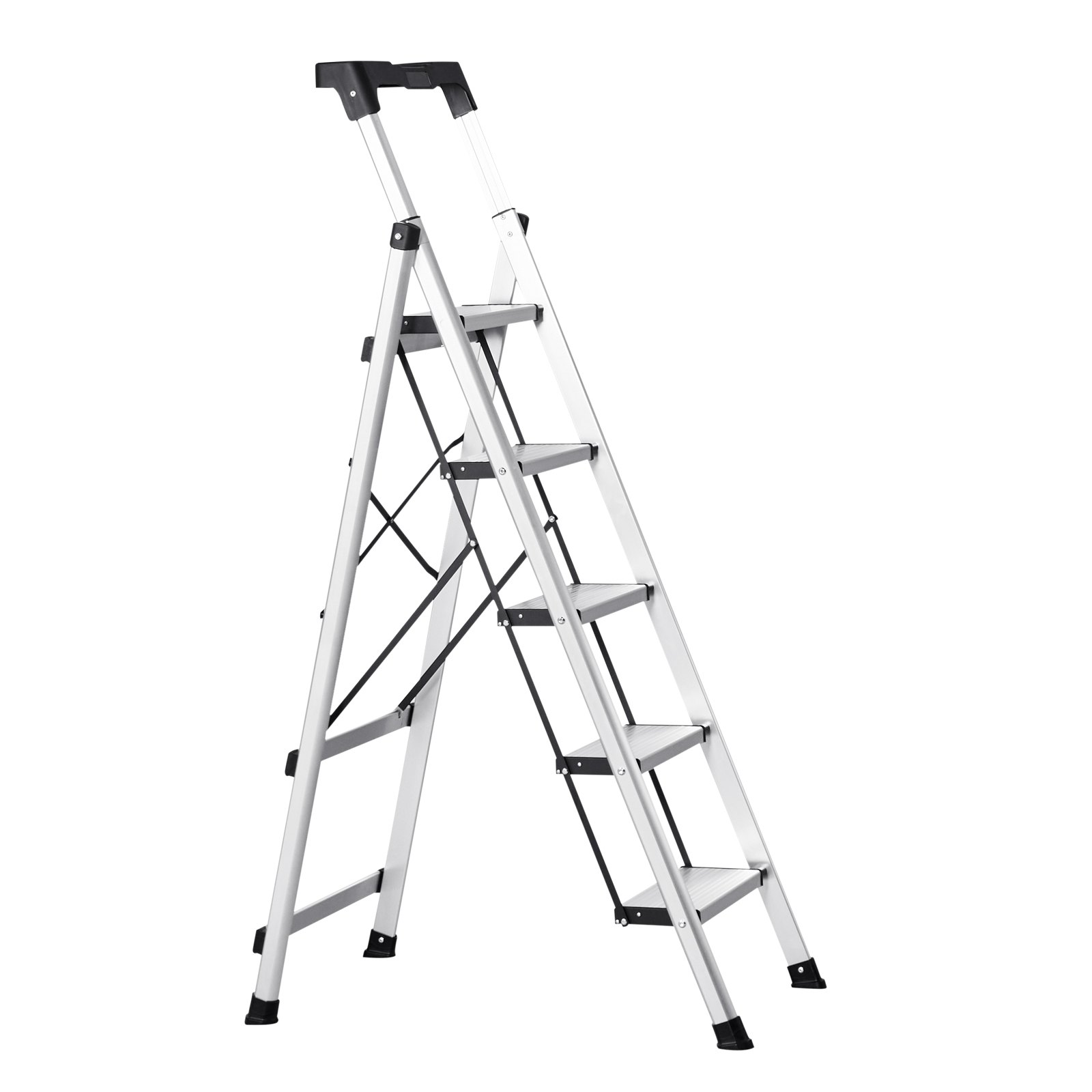 VEVOR 5-treden opvouwbare ladder met antislip treden en comfortabele handgreep, huishoudladder met een draagvermogen van 150 kg, aluminium veiligheidsladder voor keuken, magazijn, huis en kantoor, zilverkleurig
