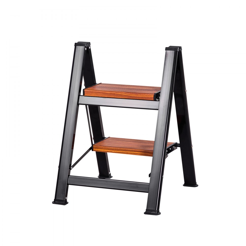 VEVOR 2-treden opvouwbare ladder met antislip treden in houtlook, huishoudladder met een draagvermogen van 150 kg, aluminium veiligheidsladder, trapladder voor klussen en schoonmaakwerkzaamheden.