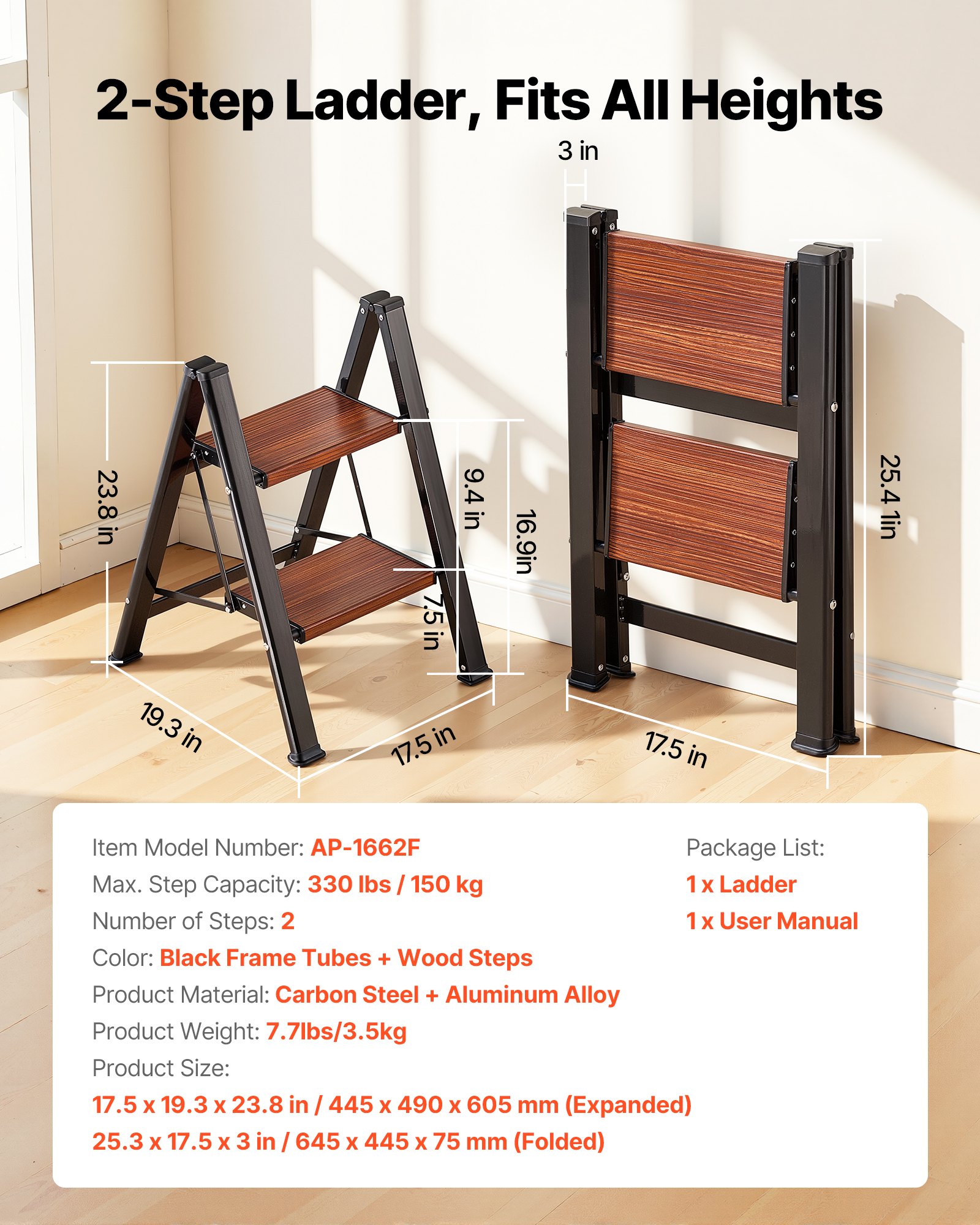 VEVOR 2-treden opvouwbare ladder met antislip treden in houtlook, huishoudladder met een draagvermogen van 150 kg, aluminium veiligheidsladder, trapladder voor klussen en schoonmaakwerkzaamheden.