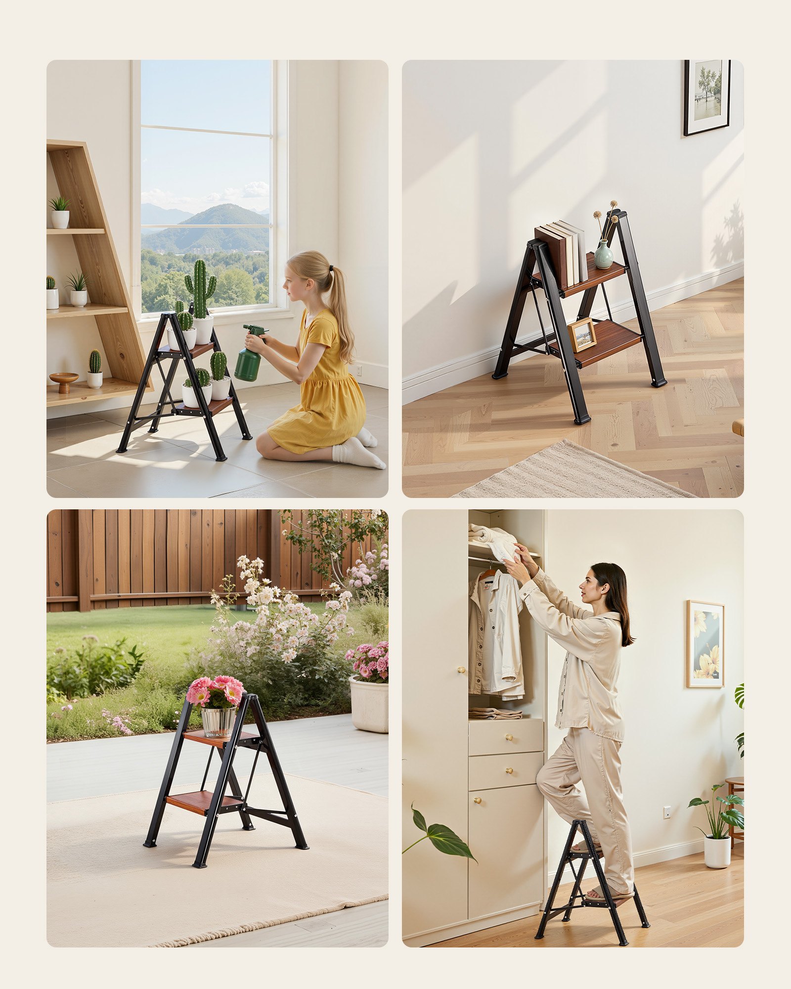 VEVOR 2-treden opvouwbare ladder met antislip treden in houtlook, huishoudladder met een draagvermogen van 150 kg, aluminium veiligheidsladder, trapladder voor klussen en schoonmaakwerkzaamheden.