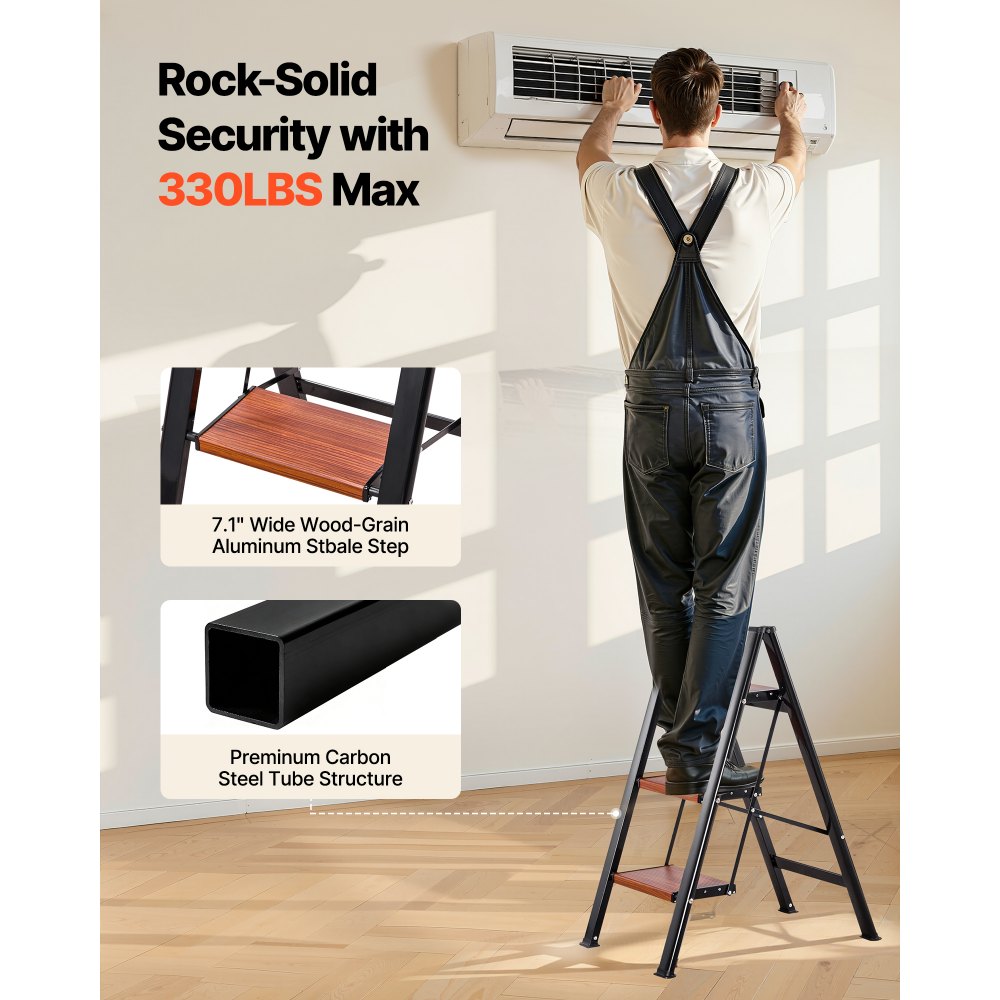 VEVOR 3 Step Ladder, Folding Step Stool with Wide Anti-Slip Pedal and Comfort Handgrip, Lightweight 330 lbs Capacity Portable Aluminum Plant Support, Multi-Use for Adults, Home Repairing, Cleaning