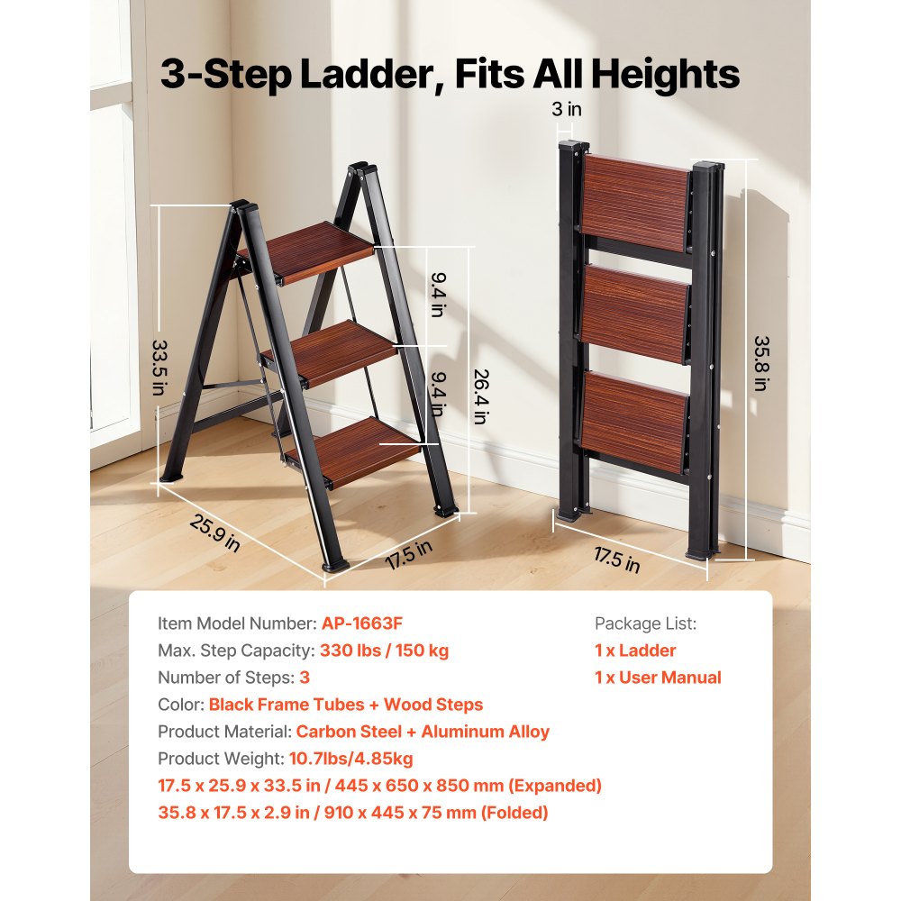 VEVOR 3-treden opvouwbare ladder met antislip treden in houtlook, huishoudladder met een draagvermogen van 150 kg, aluminium veiligheidsladder voor klussen en schoonmaakwerkzaamheden.