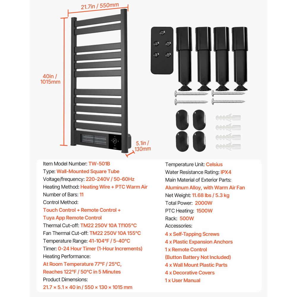 VEVOR elektrische badkamerradiator, 11 stangen, handdoekradiator, 550x1015 mm, zwart, handdoekverwarmer, afstandsbediening en app met touchscreen, 0-24-uurs timer, temperatuurbereik van 5 tot 40 °C, IPX4 waterdicht