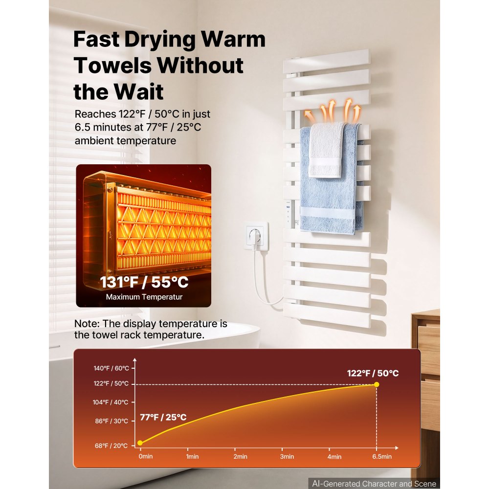 VEVOR elektrische badkamerradiator, 12 stangen, handdoekradiator, 555x1280mm, wit, handdoekverwarmer met oververhittingsbeveiliging, touchscreen, timer van 1-24 uur, temperatuurregeling van 0 tot 55 °C, IPX4 waterdicht