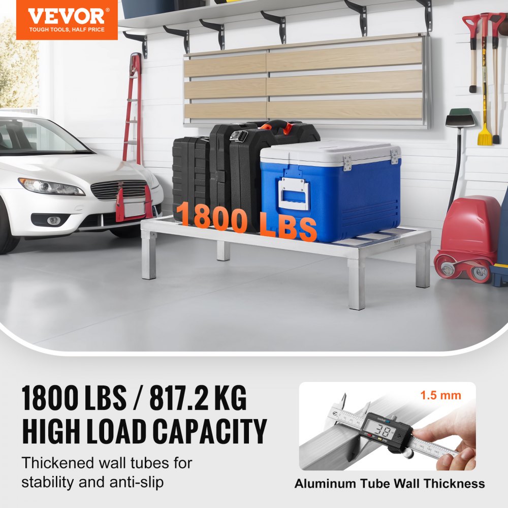 VEVOR Aluminium opbergrek, 36 x 20 inch commerciële vloerplank voor voedsel, 8 inch boven de grond, draagvermogen van 1800 lbs, volledig gelast aluminium opbergrek, voor opslag in restaurants, keukens, garages en voertuigen
