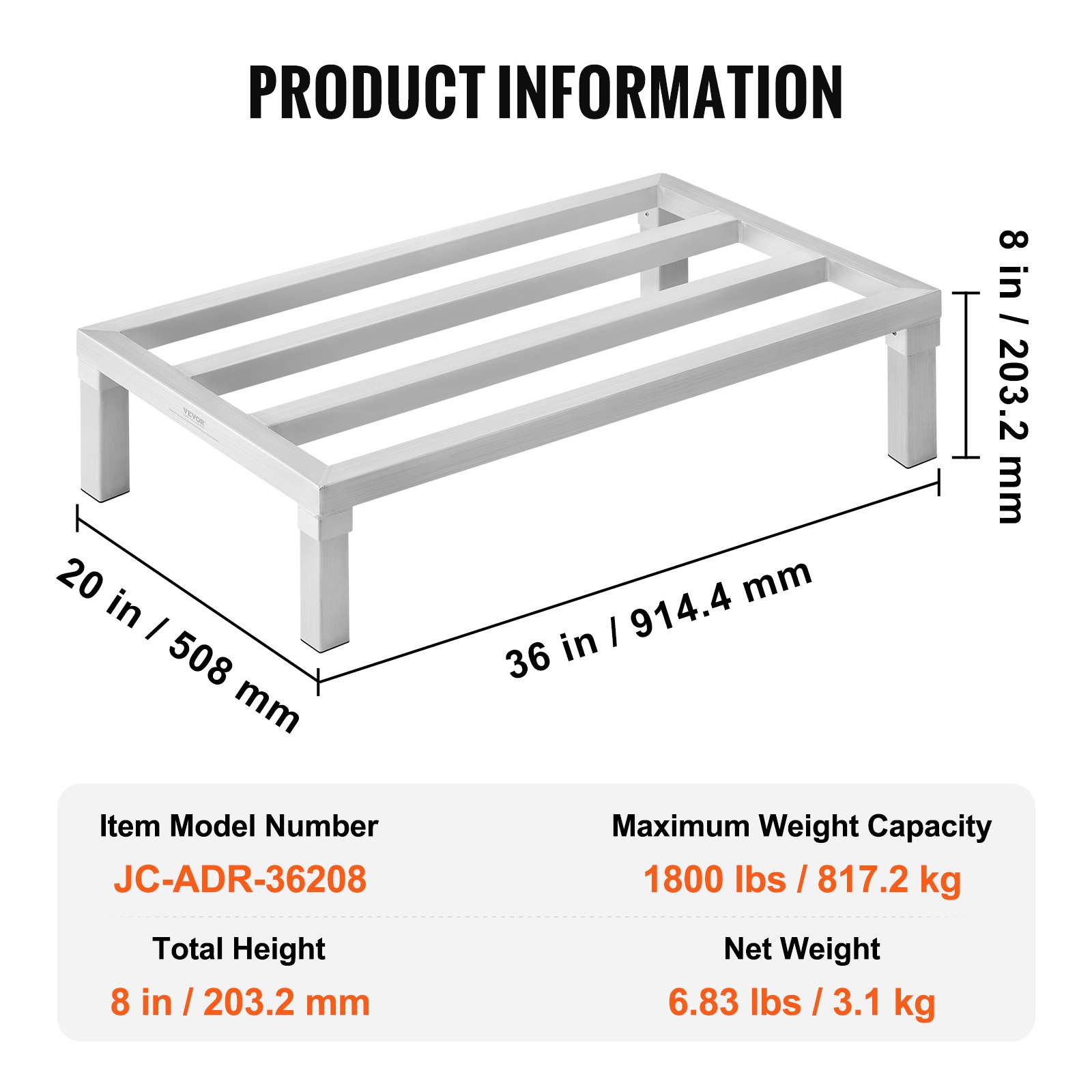 VEVOR Aluminium opbergrek, 36 x 20 inch commerciële vloerplank voor voedsel, 8 inch boven de grond, draagvermogen van 1800 lbs, volledig gelast aluminium opbergrek, voor opslag in restaurants, keukens, garages en voertuigen