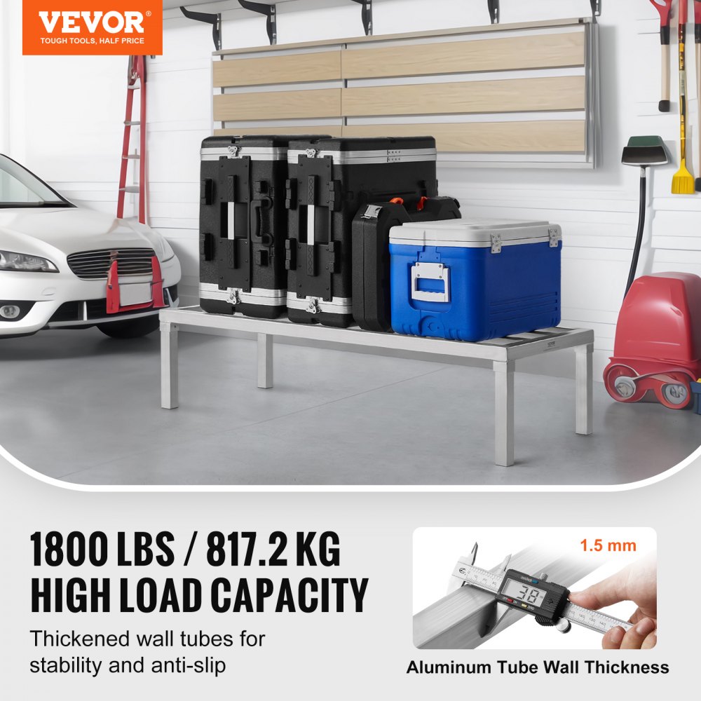 VEVOR Aluminium opbergrek, 48 x 20 inch, commercieel vloerrek voor voedselopslag, 12 inch boven de grond, draagvermogen van 1800 lbs, volledig gelast aluminium opbergrek, voor opslag in restaurants, keukens, garages en voertuigen