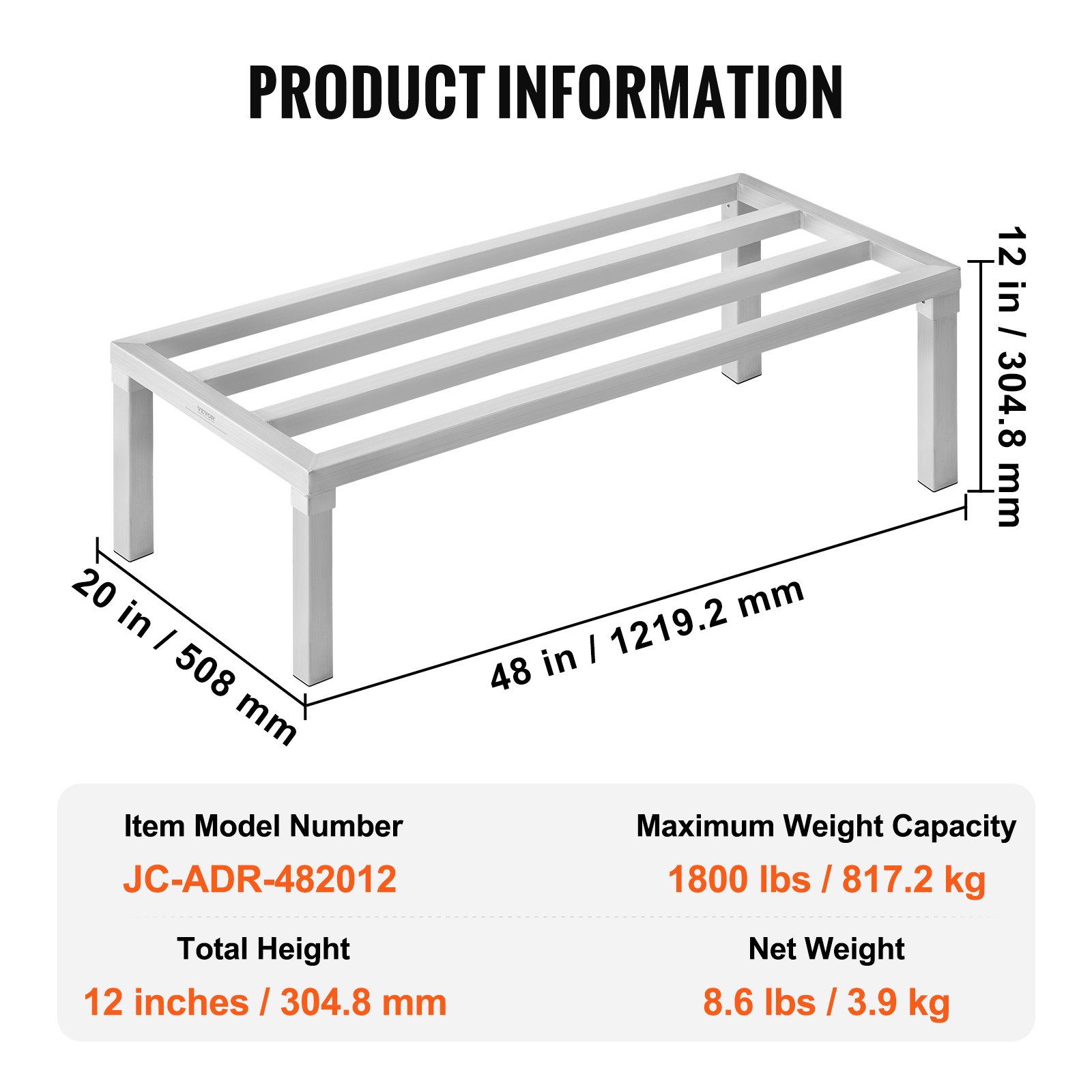 VEVOR Aluminium opbergrek, 48 x 20 inch, commercieel vloerrek voor voedselopslag, 12 inch boven de grond, draagvermogen van 1800 lbs, volledig gelast aluminium opbergrek, voor opslag in restaurants, keukens, garages en voertuigen
