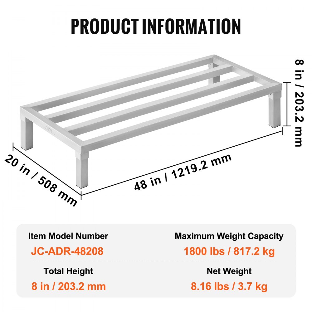 VEVOR Aluminium opbergrek, 48 x 20 inch commerciële vloerplank voor voedsel, 8 inch boven de grond, draagvermogen van 1800 lbs, volledig gelast aluminium opbergrek, voor opslag in restaurants, keukens, garages en voertuigen