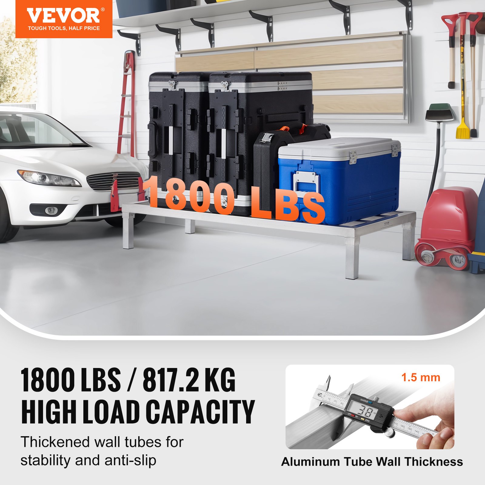 VEVOR Aluminium opbergrek, 48 x 20 inch commerciële vloerplank voor voedsel, 8 inch boven de grond, draagvermogen van 1800 lbs, volledig gelast aluminium opbergrek, voor opslag in restaurants, keukens, garages en voertuigen