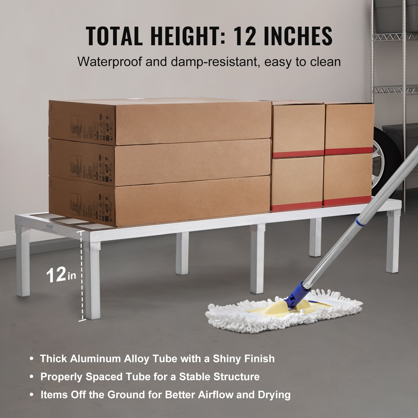 VEVOR Aluminium opbergrek, 60 x 20 inch commerciële vloerplank voor voedsel, 12 inch boven de grond, draagvermogen van 1800 lbs, volledig gelast aluminium opbergrek, voor opslag in restaurants, keukens, garages en voertuigen