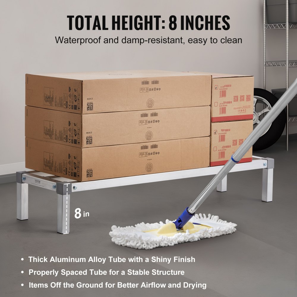 VEVOR Aluminium opbergrek, 48 x 14 inch commerciële vloerplank voor voedsel, 8 inch boven de grond, draagvermogen van 1000 lbs, volledig gelast aluminium opbergrek, voor opslag in restaurants, keukens, garages en voertuigen