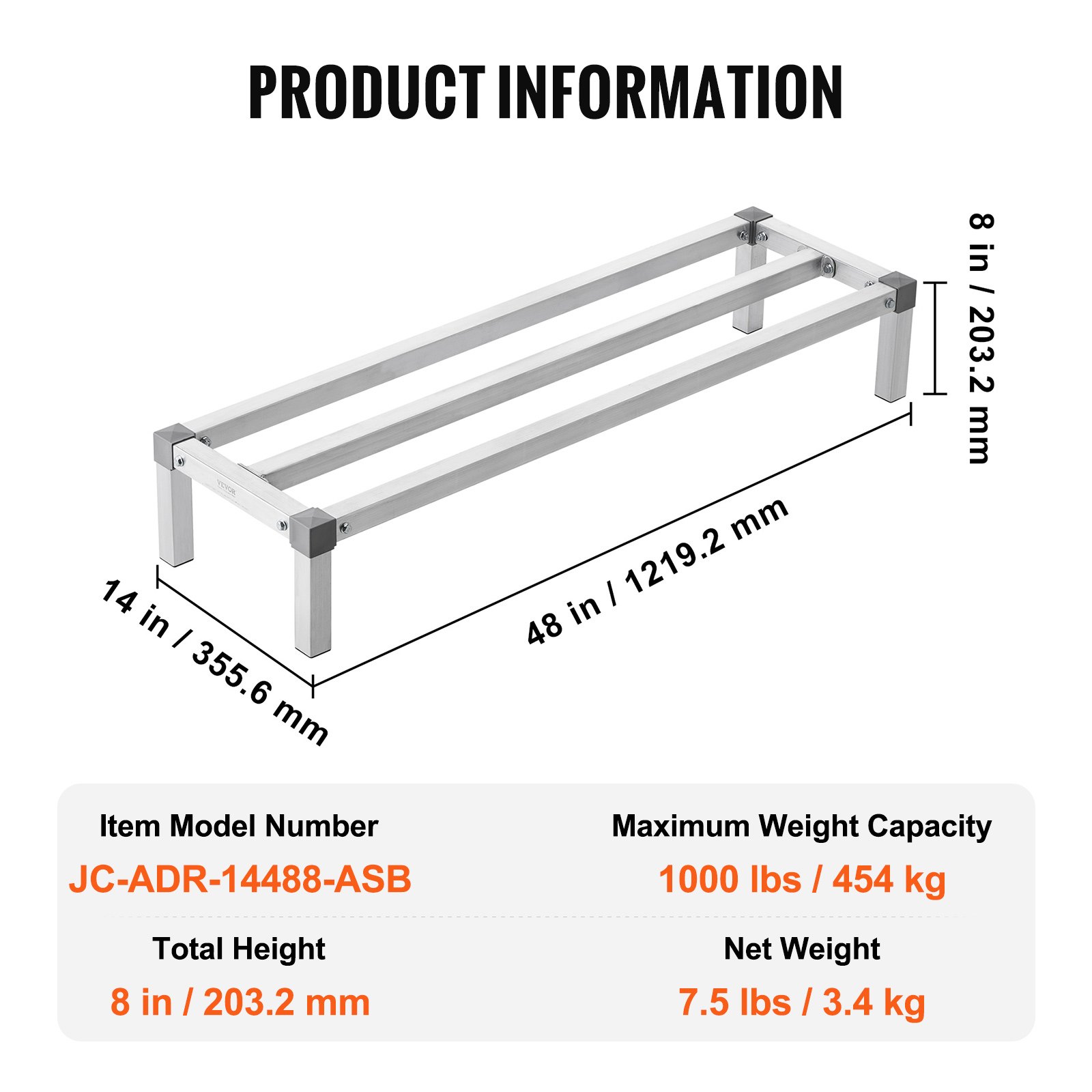 VEVOR Aluminium opbergrek, 48 x 14 inch commerciële vloerplank voor voedsel, 8 inch boven de grond, draagvermogen van 1000 lbs, volledig gelast aluminium opbergrek, voor opslag in restaurants, keukens, garages en voertuigen