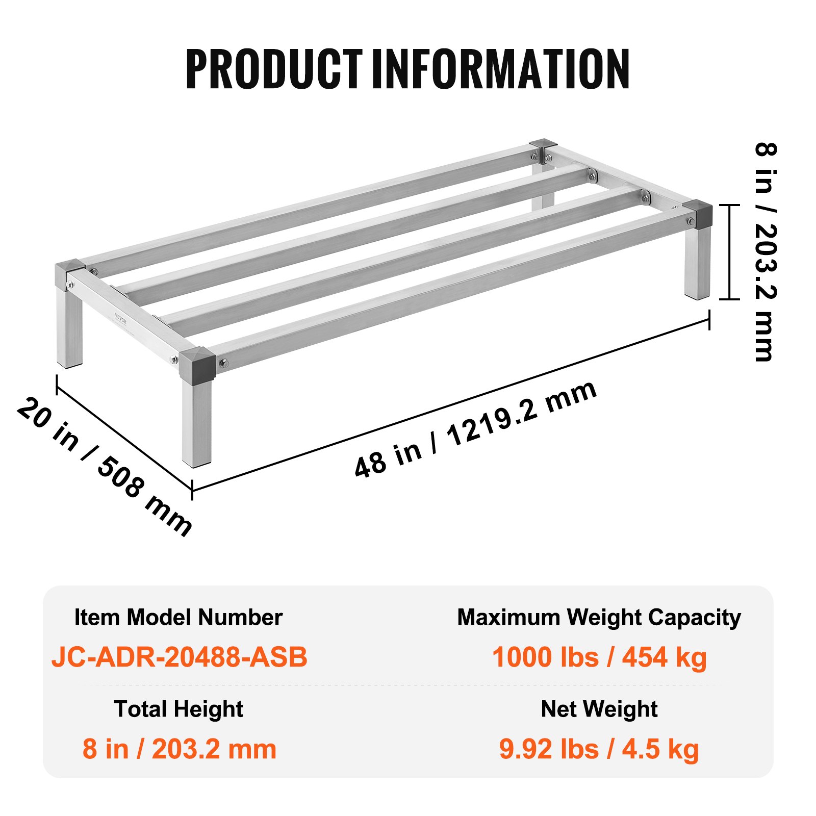 VEVOR Aluminum Dunnage Rack, 48” x 20” Commercial Food Floor Rack, 8” Off the Floor, 1000 lbs Capacity All-Welded Aluminum Storage Rack, for Storage in Restaurants, Kitchens, Garages and Vehicles