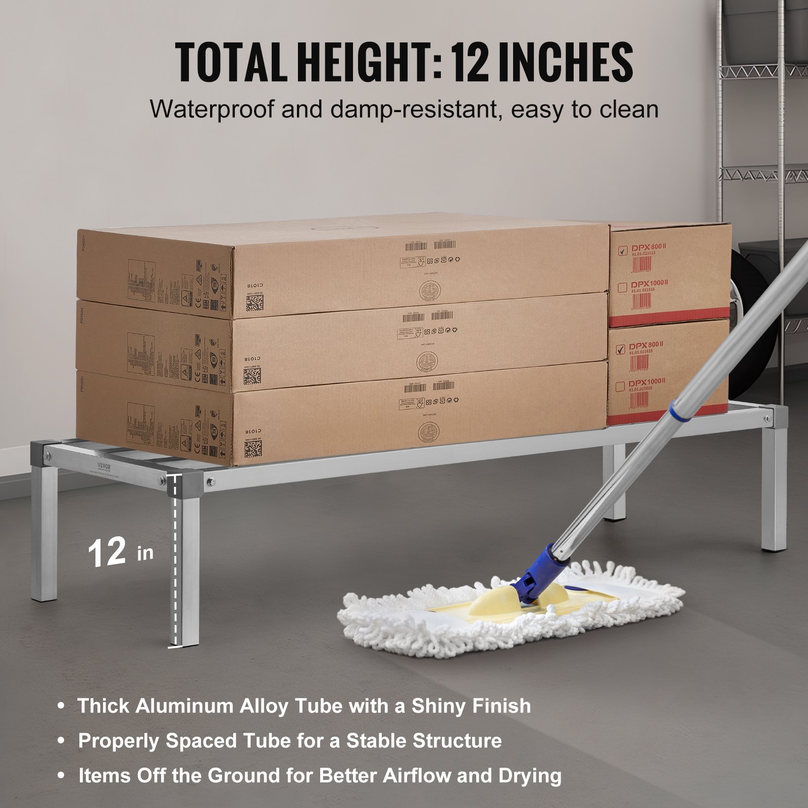 VEVOR Aluminium opbergrek, 60 x 20 inch commerciële vloerplank voor voedsel, 12 inch boven de grond, draagvermogen van 1000 lbs, volledig gelast aluminium opbergrek, voor opslag in restaurants, keukens, garages en voertuigen
