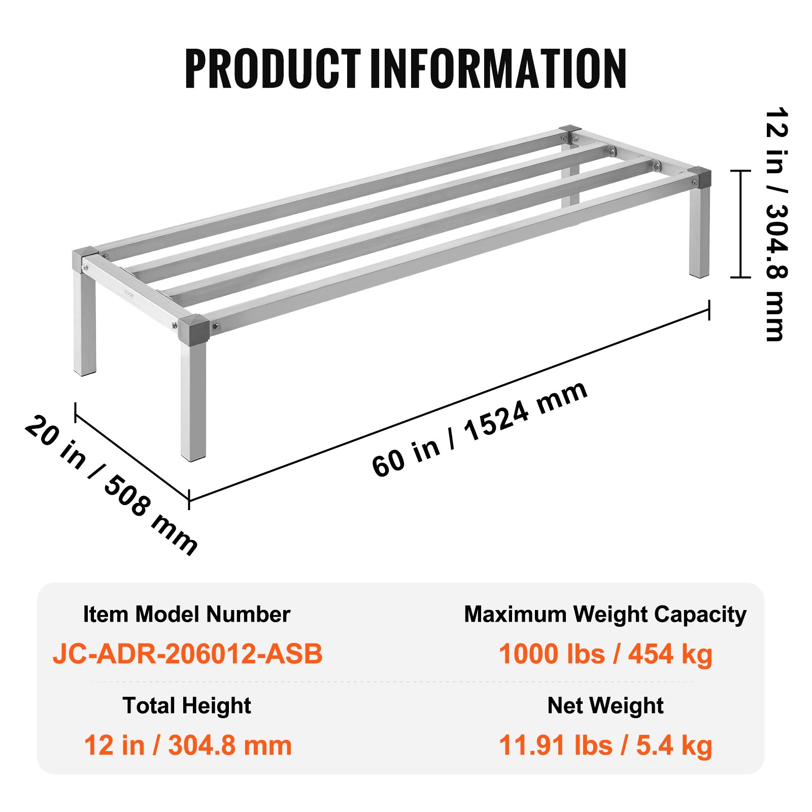VEVOR Aluminium opbergrek, 60 x 20 inch commerciële vloerplank voor voedsel, 12 inch boven de grond, draagvermogen van 1000 lbs, volledig gelast aluminium opbergrek, voor opslag in restaurants, keukens, garages en voertuigen