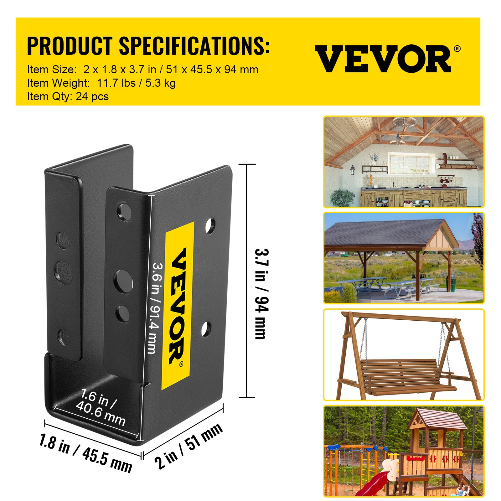 VEVOR verborgen balksteunen, 2x4 inch externe accent verborgen flens, 24 stuks. Verborgen balkbeugel, Q235 gepoedercoat staalplaat, voor montage aan de voorzijde, binnendiameter 40x91 mm voor balkdoorbuiging.