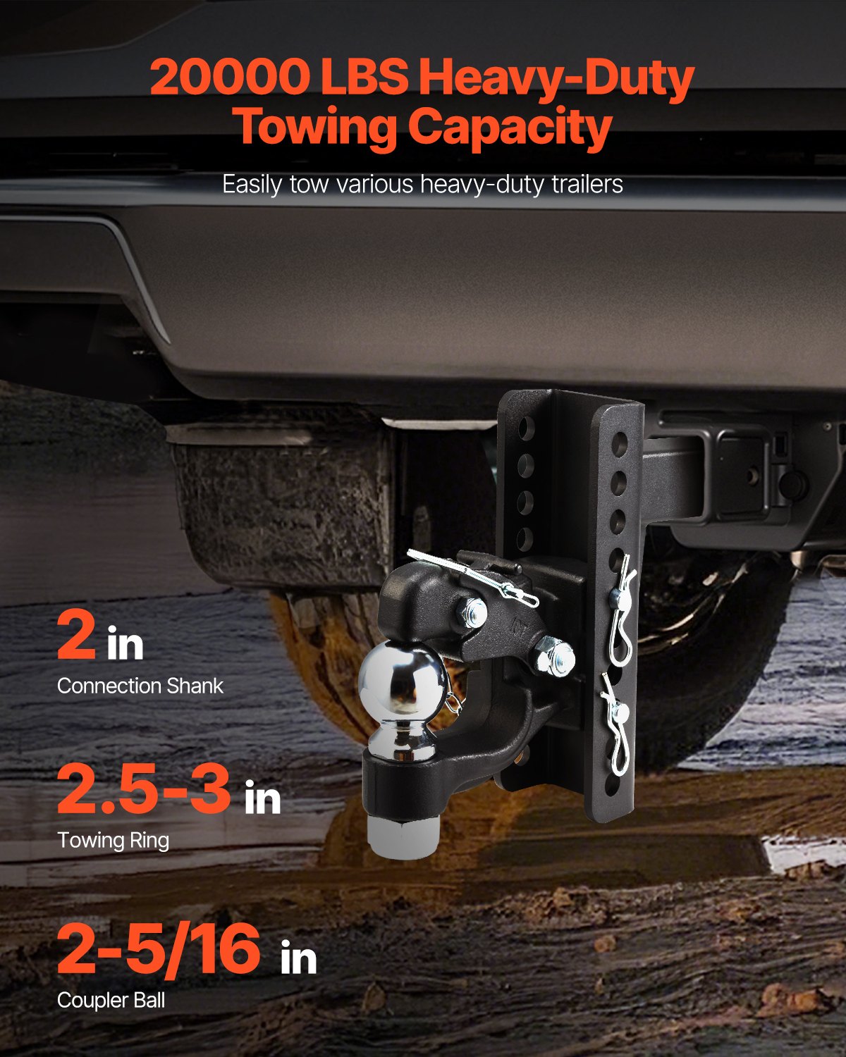 VEVOR Adjustable Pintle Hook, 20000 lbs, Pintle Hook Hitch for 2-inch Hitch Hook Military Receiver, Combination 2-5/16-inch Hitch Ball, Fit 2.5 to 3-inch Lunette Ring, 6-inch Drop, Black Powder Coat