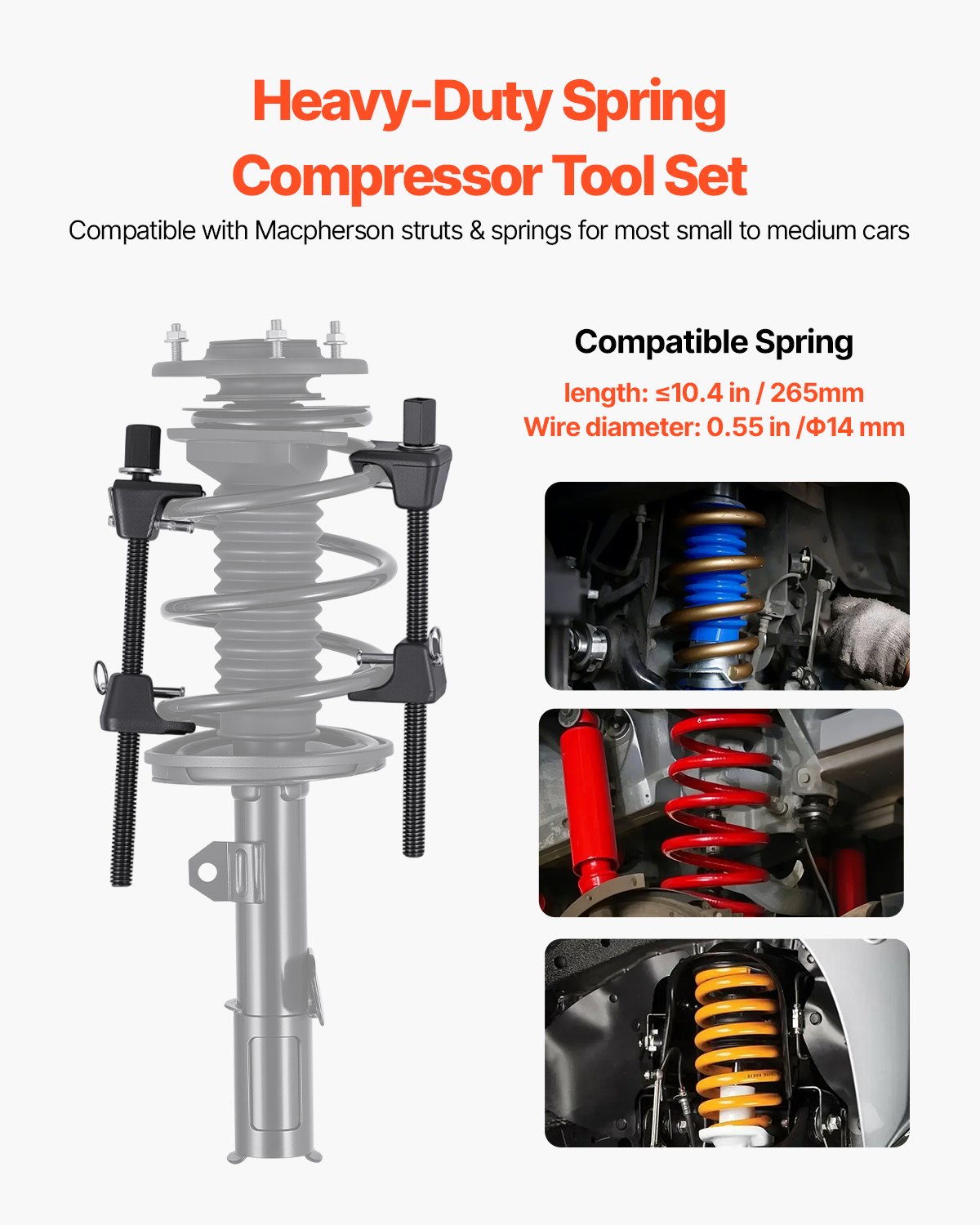 VEVOR Strut Compressor (2 stuks). Robuuste schroefveercompressor met een bereik van 265 mm, compatibel met 22 mm inbussleutels, geschikt voor auto's, vrachtwagens en motoren. Zwart, draagvermogen 1200 kg.