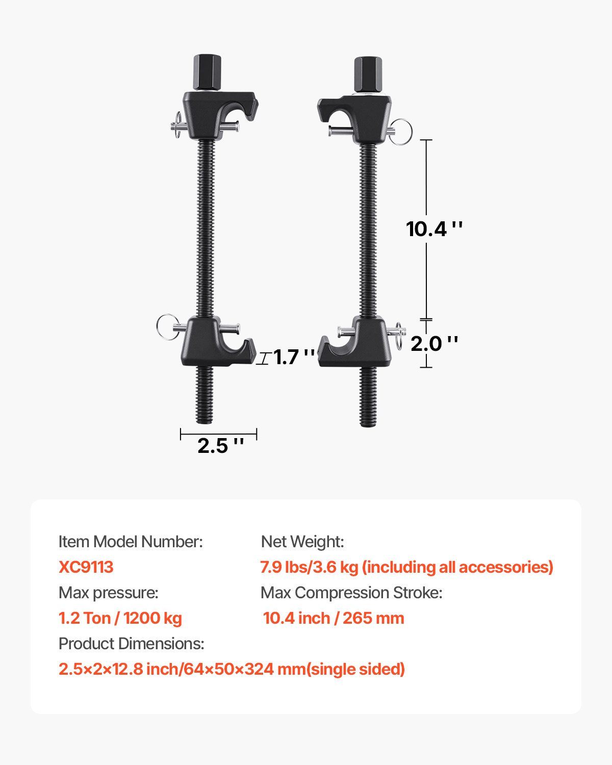 VEVOR Strut Compressor (2 stuks). Robuuste schroefveercompressor met een bereik van 265 mm, compatibel met 22 mm inbussleutels, geschikt voor auto's, vrachtwagens en motoren. Zwart, draagvermogen 1200 kg.