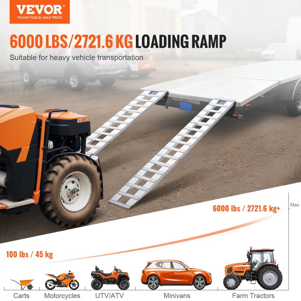 VEVOR Loading Ramps, 2 Pcs 2400 x 380 mm, Durable Aluminum and Heavy-Duty Trailer Ramp Set with Anti-Slip Plates, 6000 Lbs Combined Capacity, for Carts, Farm Tractors, ATVs, Lawn Mowers, Motorcycles
